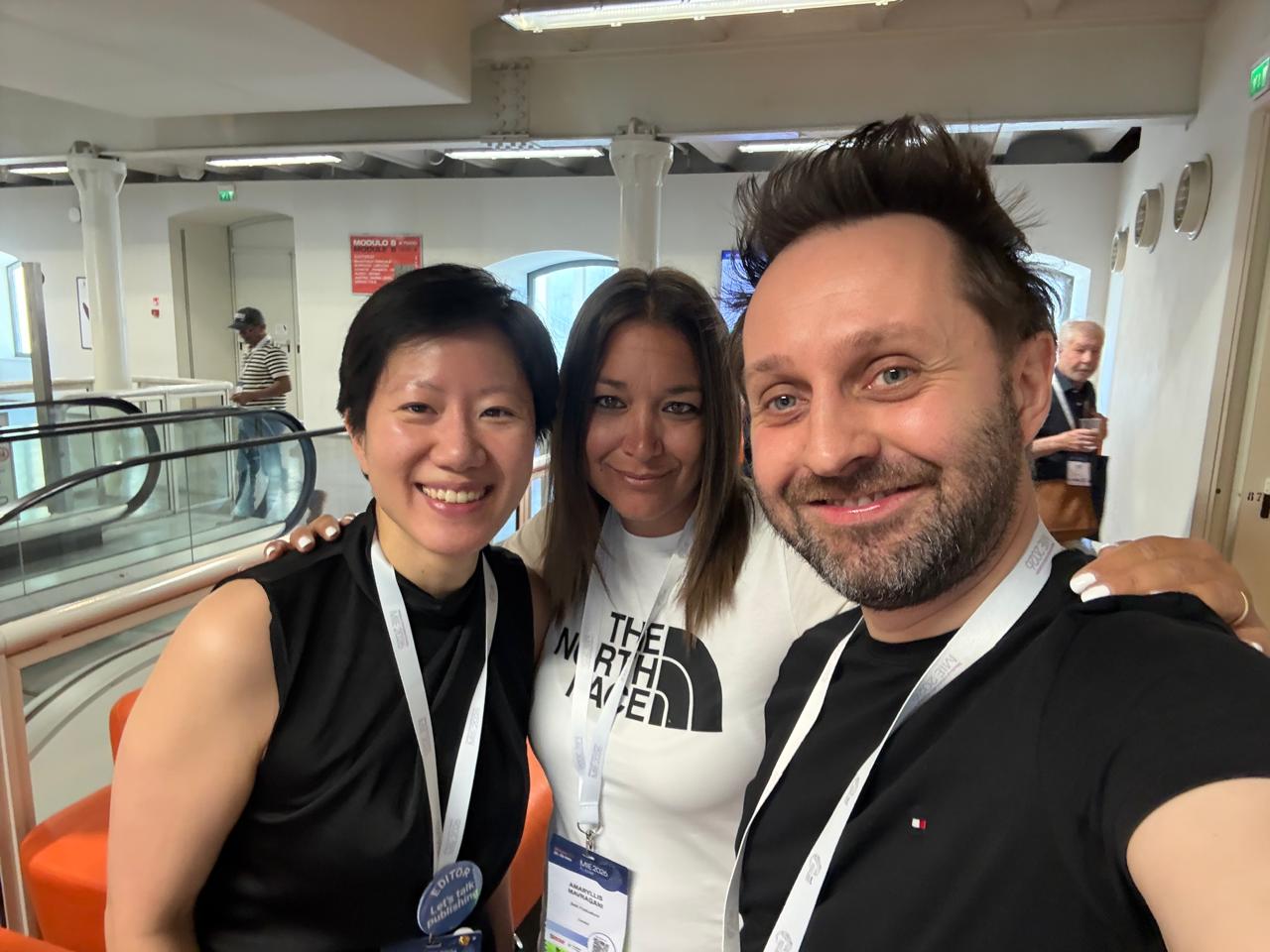 Photo showing Tiffany Leung, Amy Mavragani, and Stefano Brini at MIE 2026 in Genova Italy