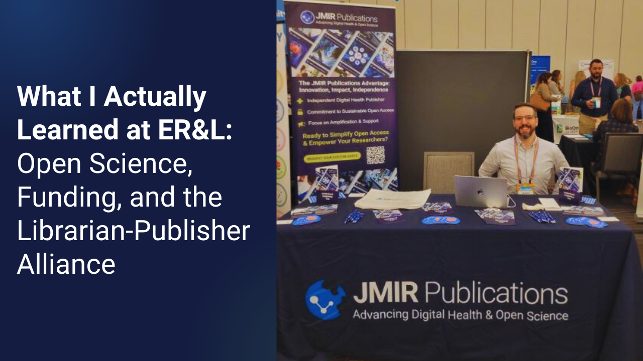 Photo showing man sitting at an exhibit table for JMIR Publications